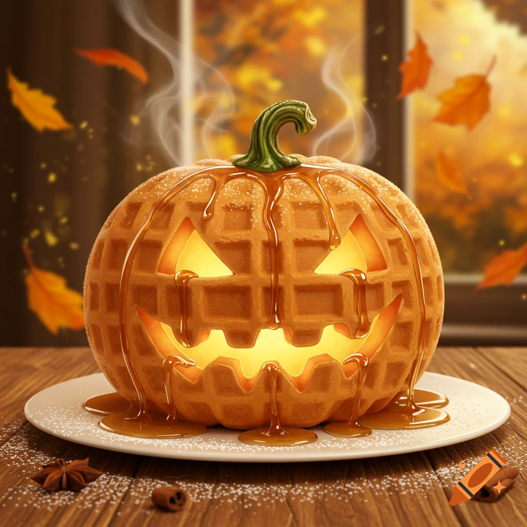 A photorealistic Halloween waffle shaped like a glowing jack-o'-lantern, drizzled with syrup, on a white plate with spices, against an autumn window background.