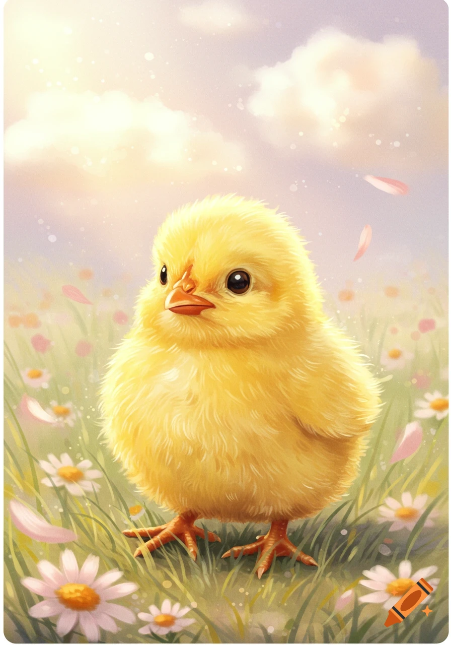 Fluffy yellow chick stands in a daisy field with floating pink petals under a bright sky, illustration.