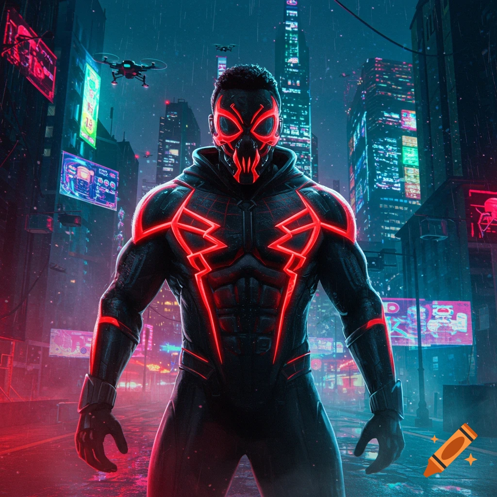A muscular futuristic hero in a black suit with glowing red neon patterns and an aggressive red mask stands in a rainy cyberpunk city at night.