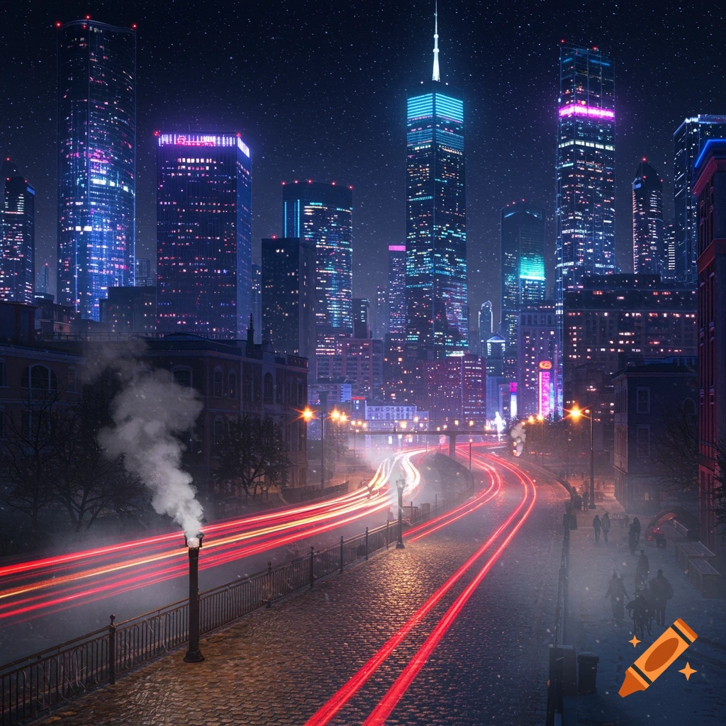 A vibrant, neon-lit cyberpunk city at night with tall skyscrapers, red light trails on a wet cobblestone street, and a misty atmosphere under a starry sky.