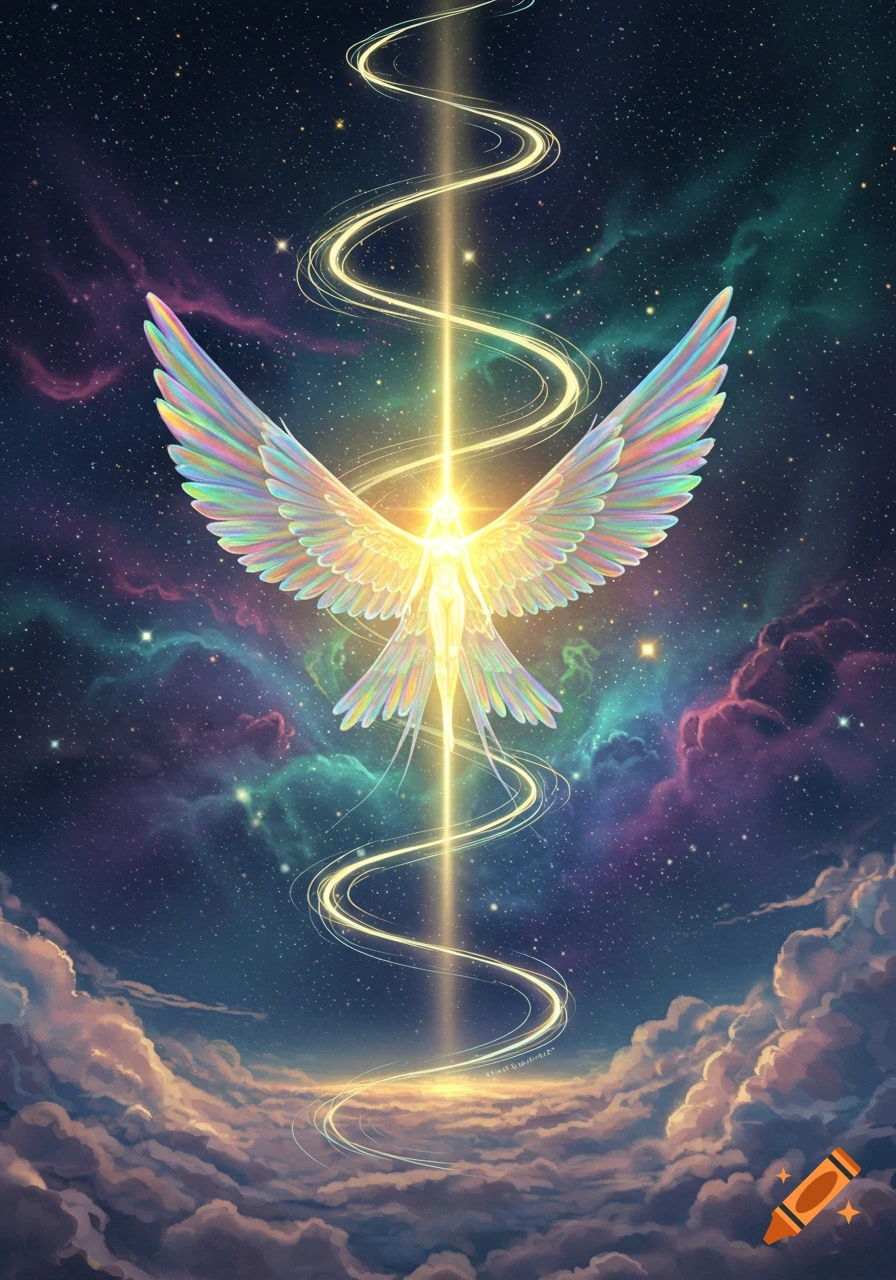 A radiant, rainbow-winged angelic figure ascends through a vibrant starry night sky with nebulae and clouds, illuminated by a swirling light beam.