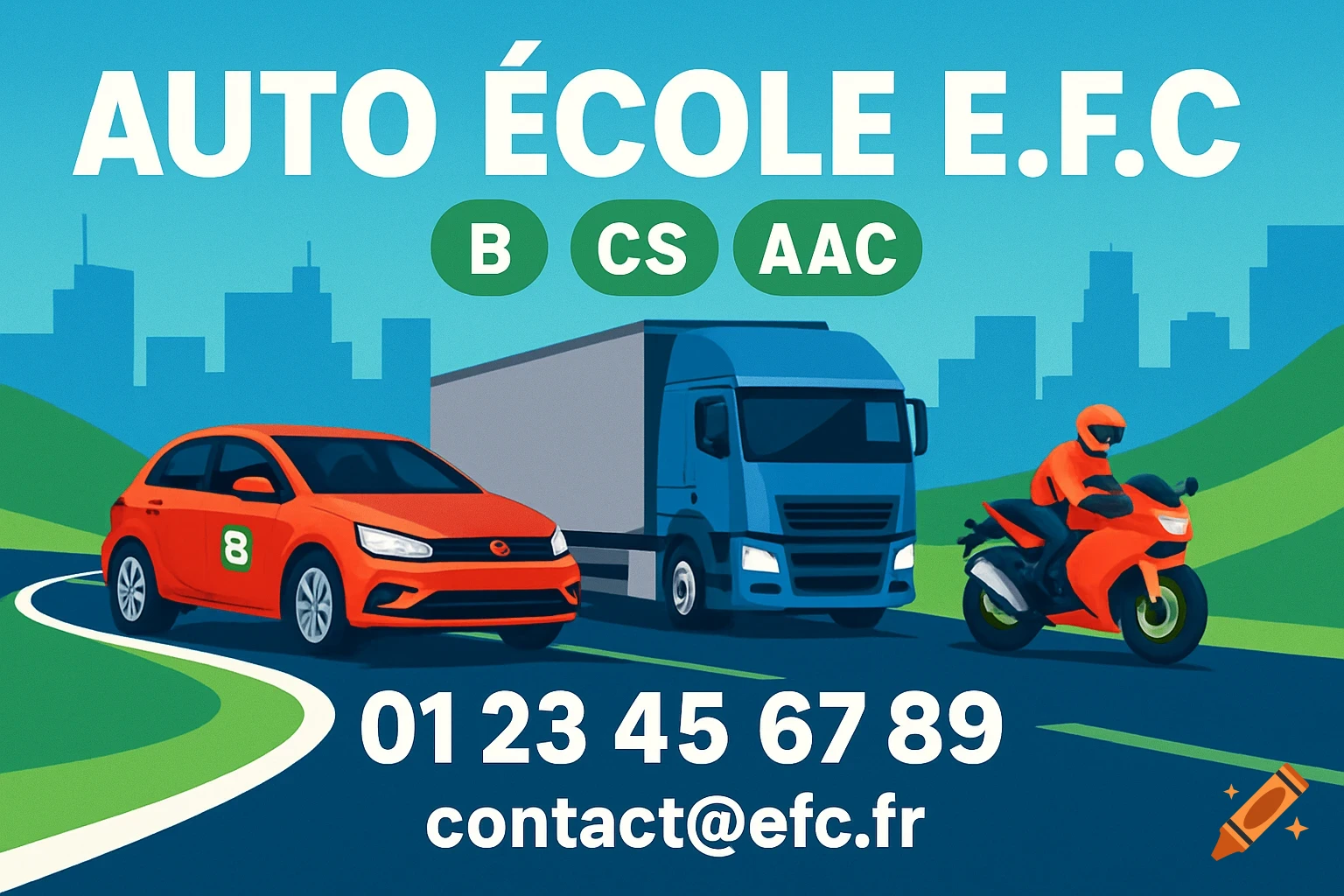 Flat illustration of an orange car, blue truck, and orange motorcycle on a road with a city background. Driving school ad with text and contact info.