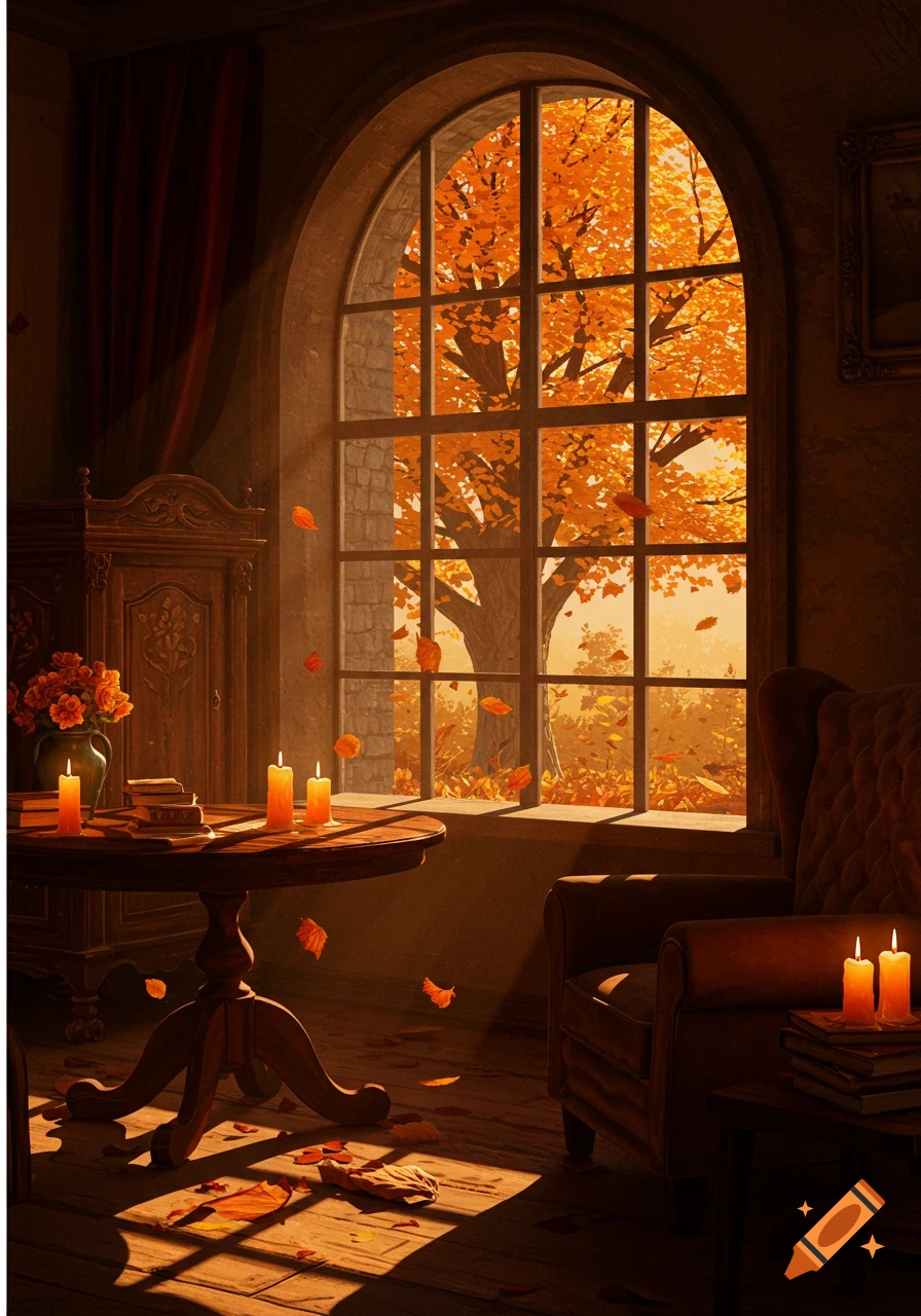 A cozy, dimly lit room with candles and an armchair by a large arched window overlooking an autumn tree with orange falling leaves.