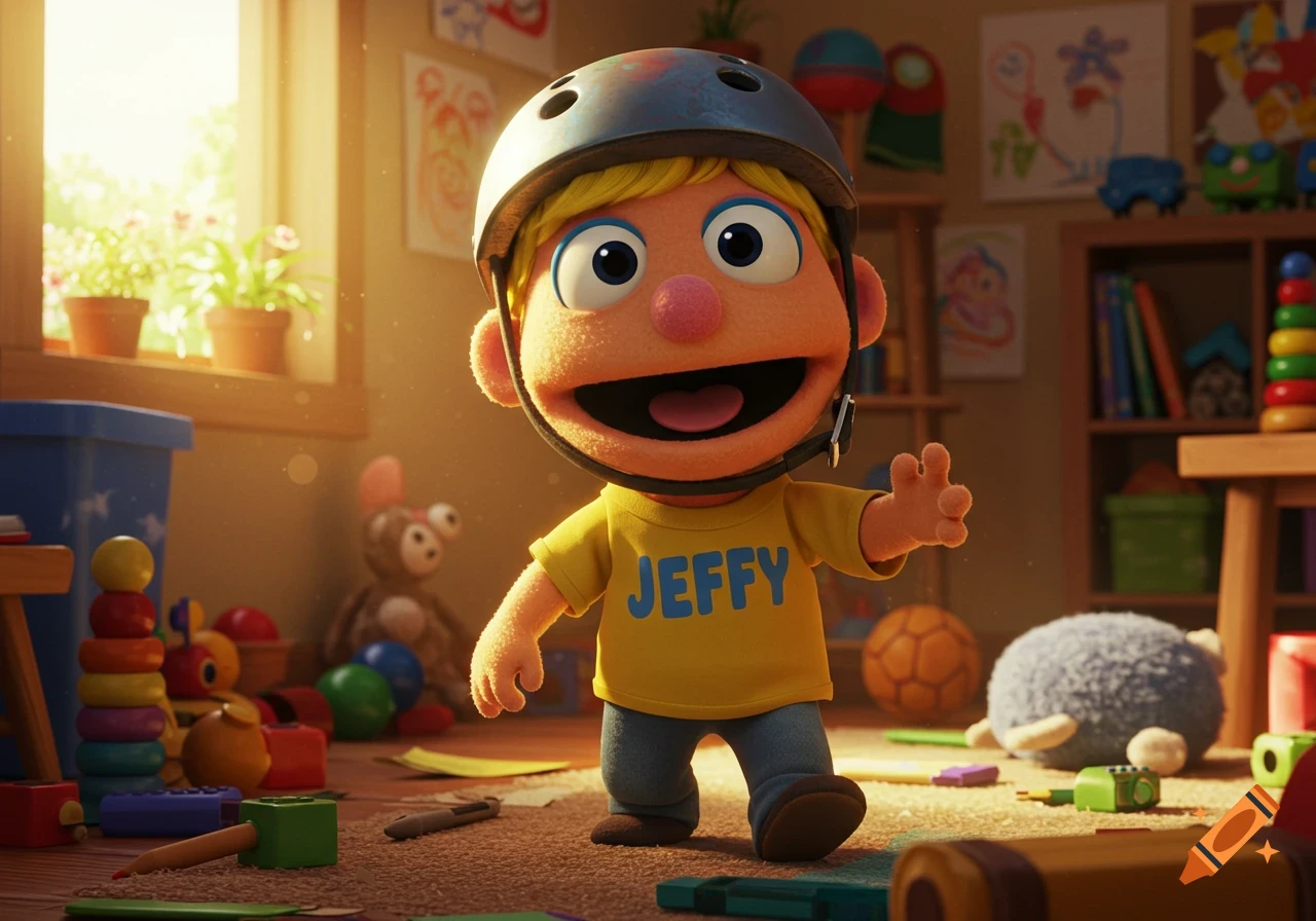 A photorealistic CGI puppet resembling Jeffy, wearing a helmet and a yellow 'JEFFY' shirt, smiles and waves in a sunny child's room with toys.