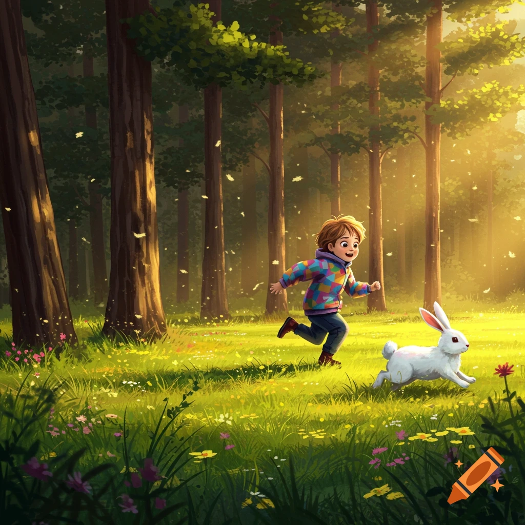 Cartoon child chases a white rabbit through a brightly lit forest.