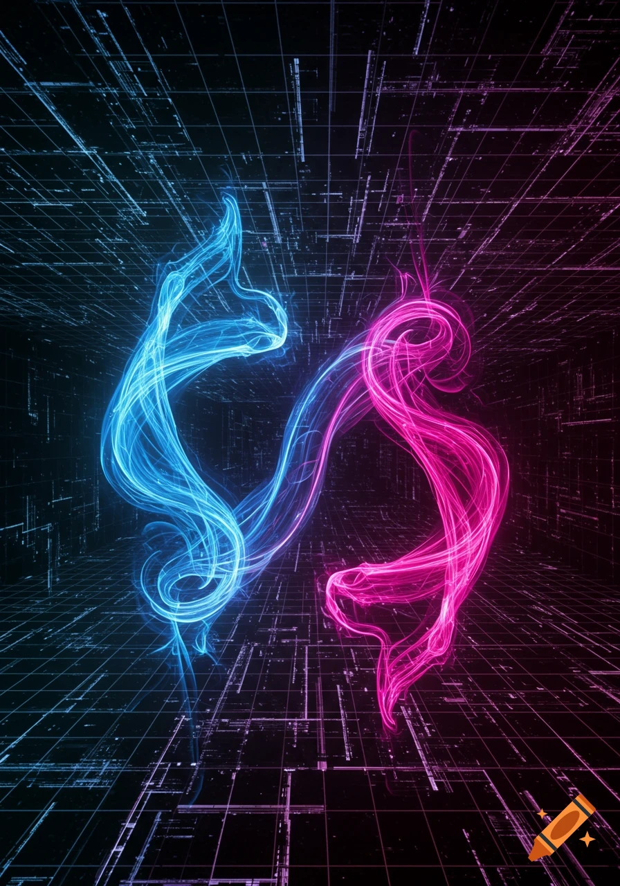 Two glowing intertwined abstract light forms in blue and pink, against a dark grid background.
