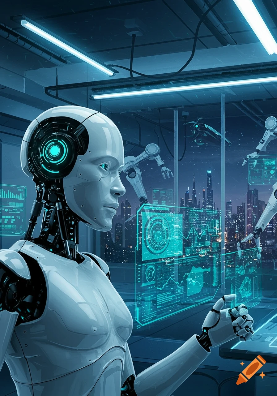 A sleek white humanoid robot interacts with glowing blue holographic screens in a futuristic lab, with a city skyline outside.