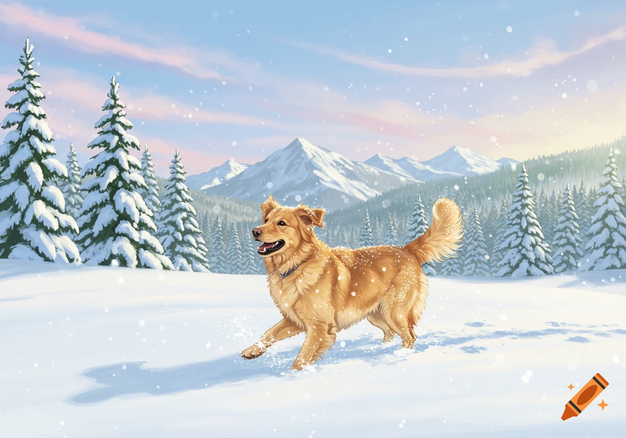 A happy golden dog runs through fresh snow in a winter forest with distant mountains.