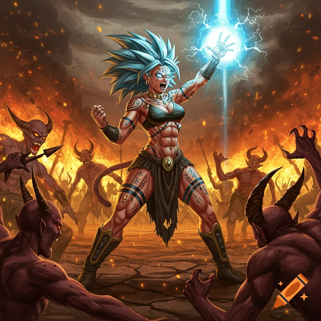 A muscular female Saiyan with blue spiky hair and tribal tattoos wields a glowing blue energy ball against an army of red demons in a fiery, burning landscape.
