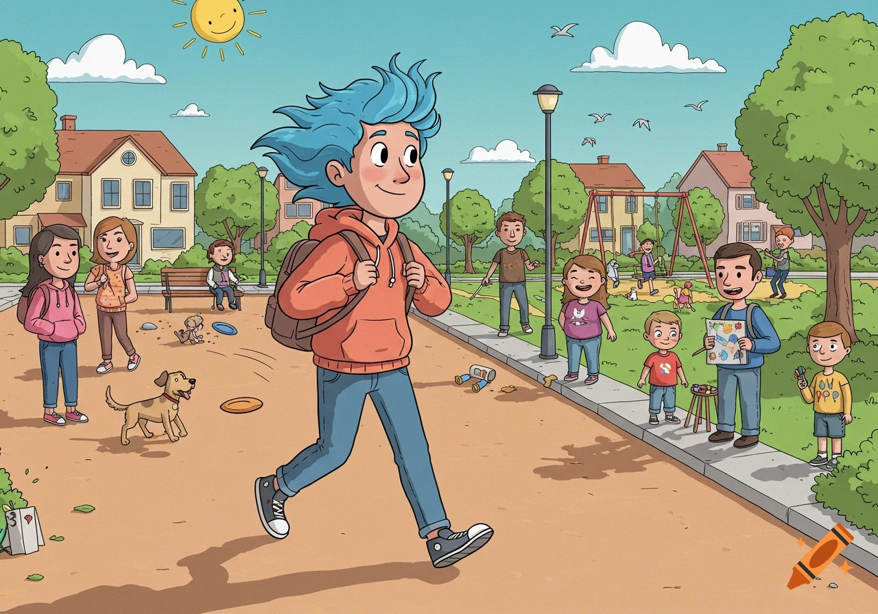 A cheerful blue-haired teenager with a backpack walks through a sunny cartoon park with children and adults.