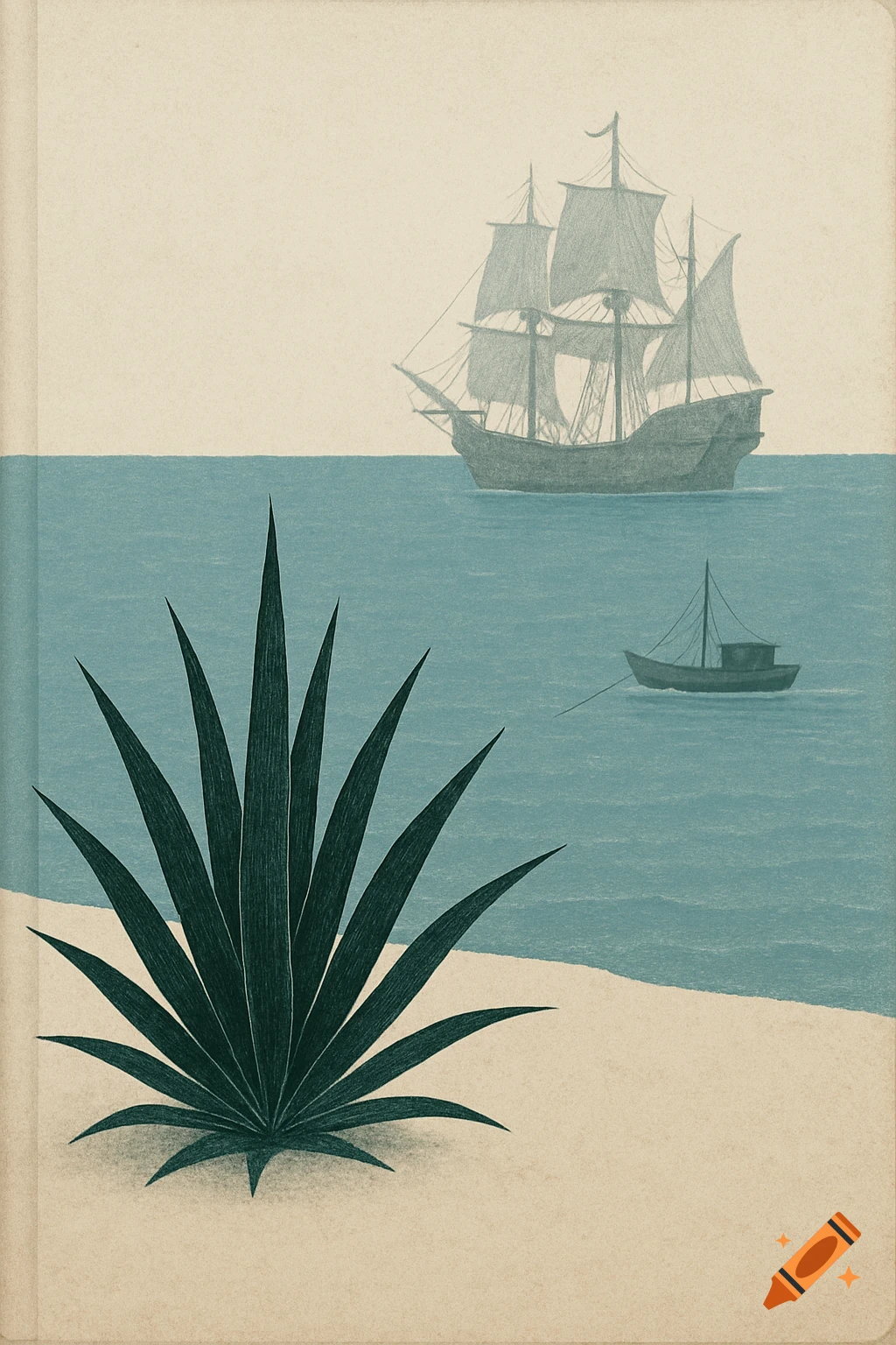 A minimal illustration of a large agave plant on a beach, with a sailing ship and a small fishing boat on the blue sea.