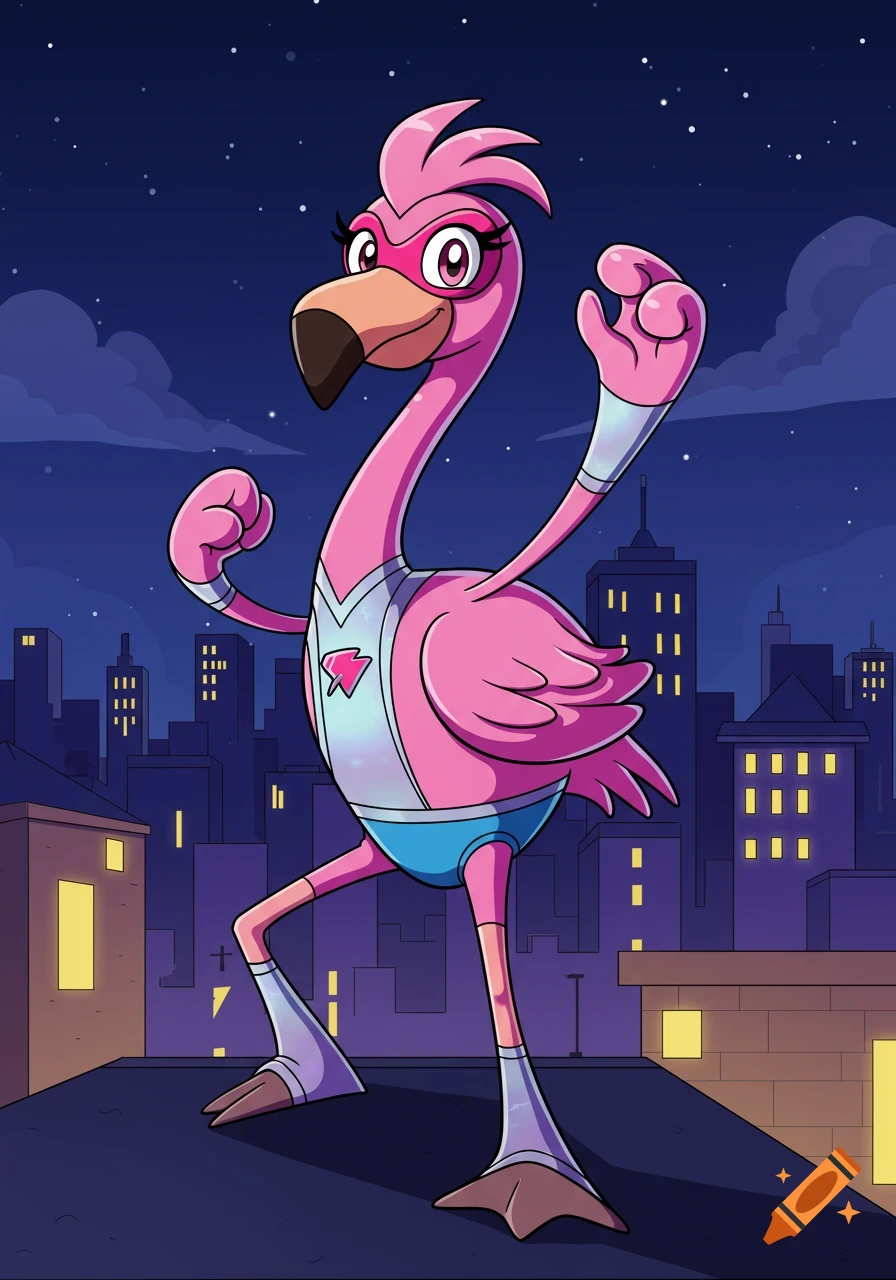 Cartoon pink flamingo superhero in a mask and costume stands on a city rooftop at night, ready for action.