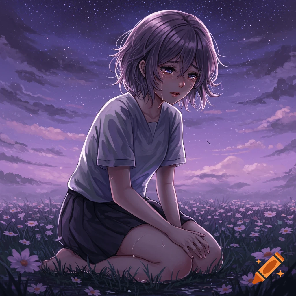 Anime girl with short purple hair crying, kneeling in a field of flowers under a star-filled purple night sky.