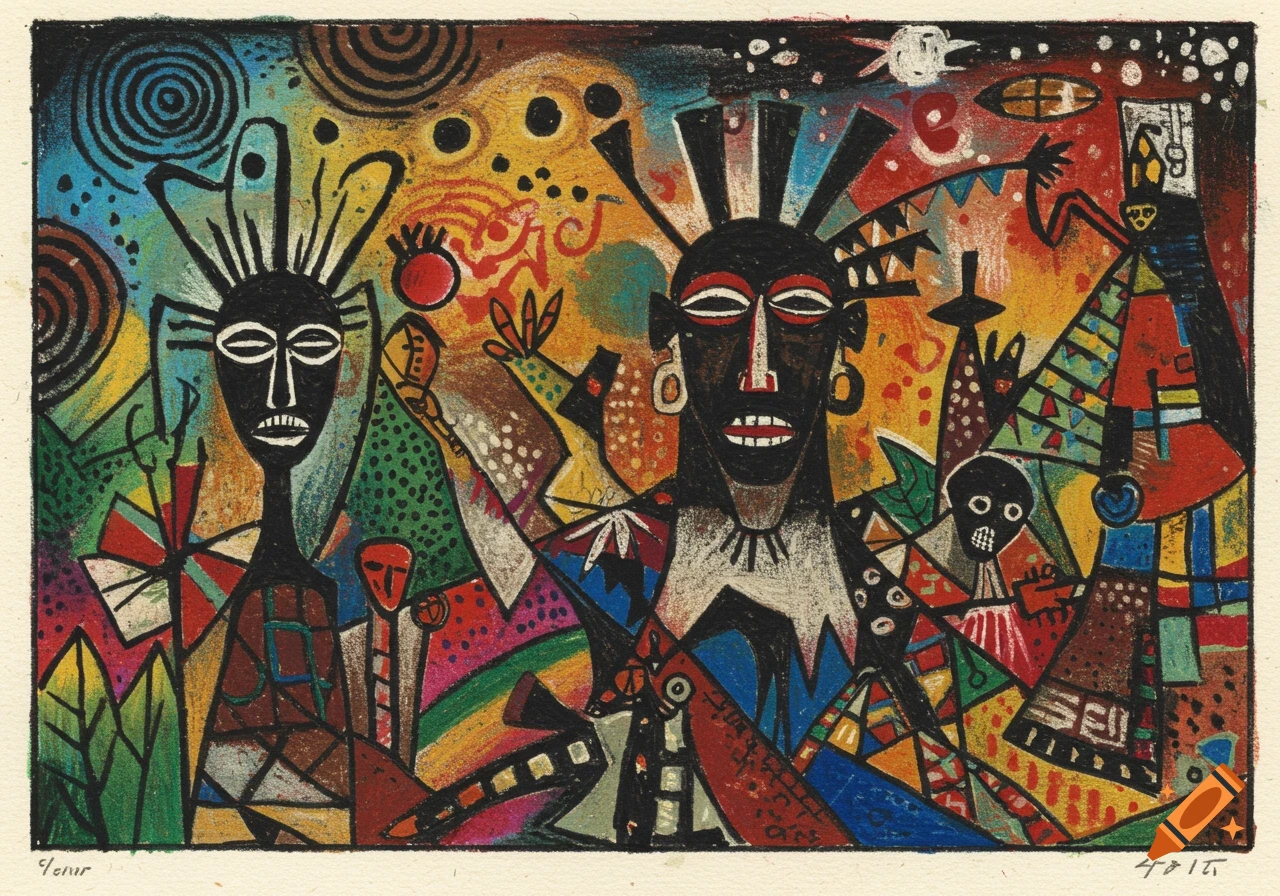 Vibrant crayon drawing in an abstract tribal style with stylized figures, masks, headdresses, and colorful geometric patterns.