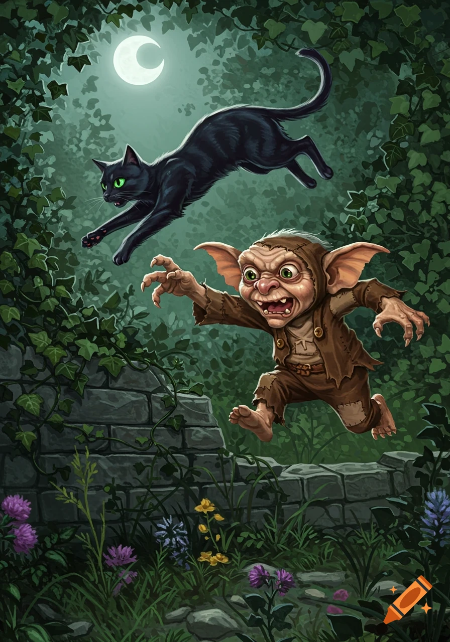A green-eyed black cat leaps through a moonlit forest as a grotesque gremlin chases it over a stone wall. Illustrated.