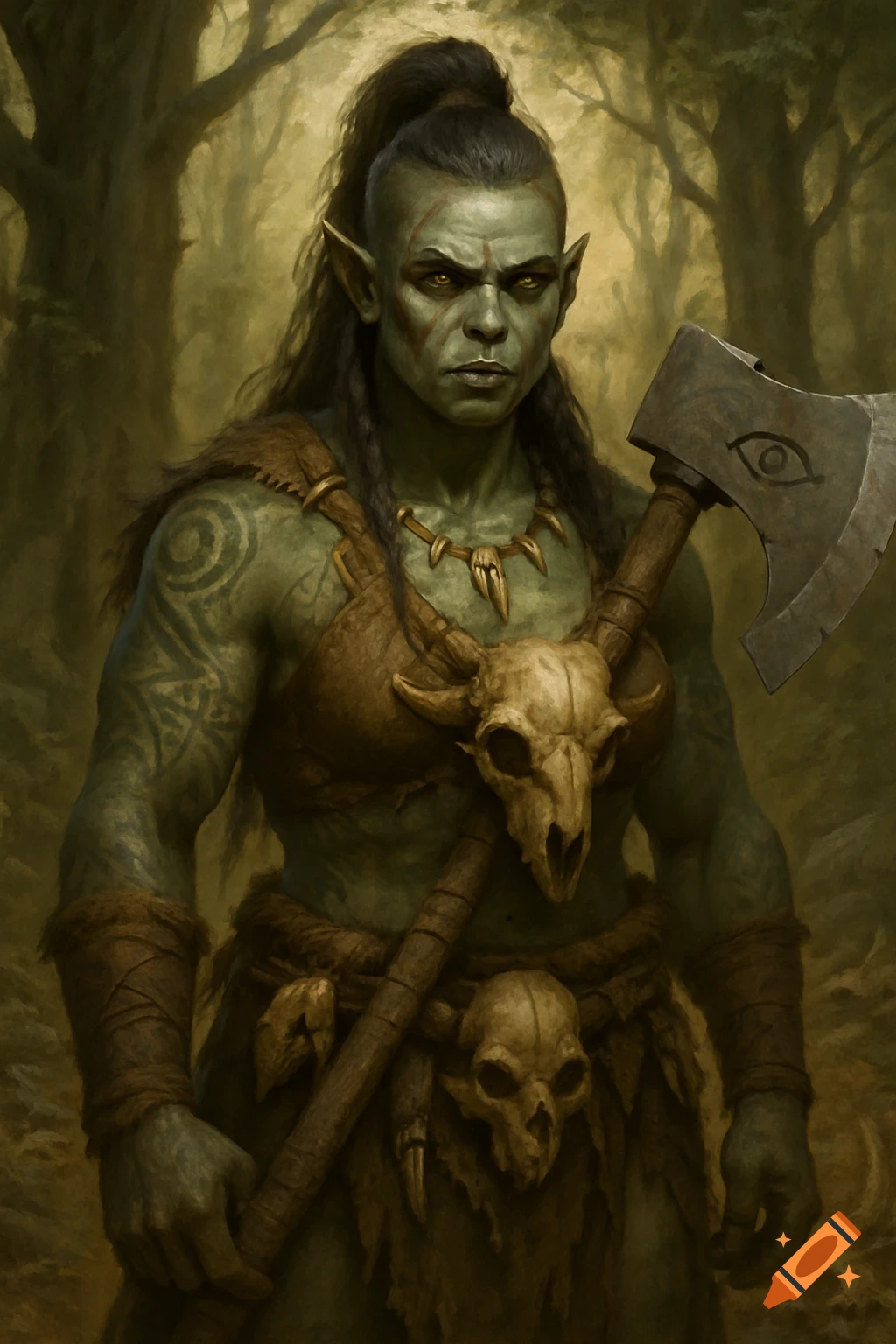 Serious female half-orc barbarian with green skin, tribal tattoos, in leather and skull attire, holding an axe in a forest.