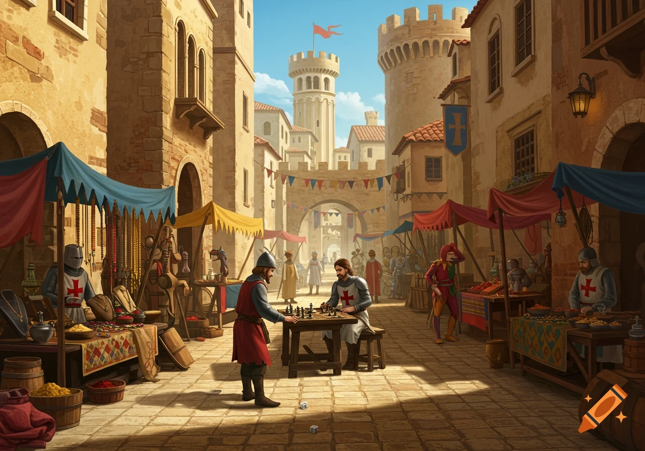 An illustrated medieval market scene with people, market stalls, and two men playing chess in a bustling city street.
