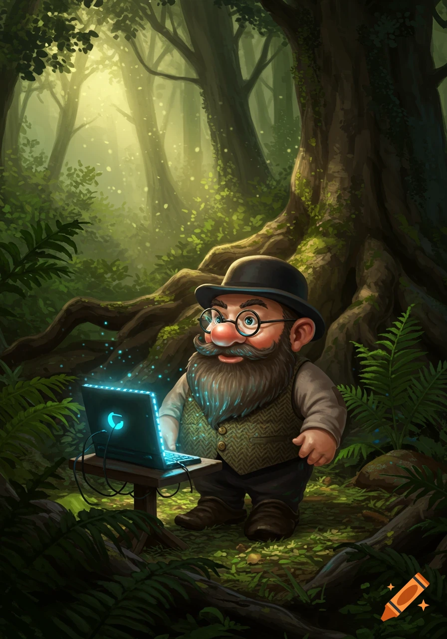 A cartoonish dwarf with a beard and glasses, wearing a hat and vest, in a glowing forest, operating a laptop on a small table.