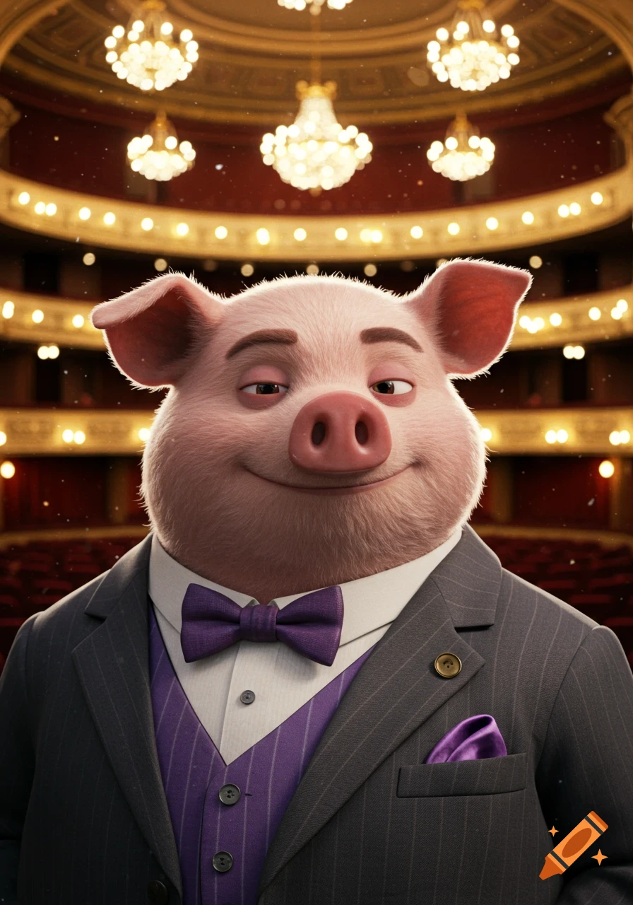 A smiling cartoon pig in a suit and bow tie in a grand theater with chandeliers.