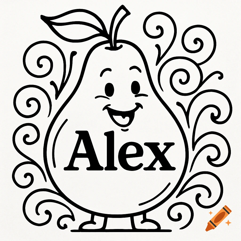 Black and white line art illustration of a smiling cartoon pear with the name 'Alex' on its body, surrounded by decorative swirls.