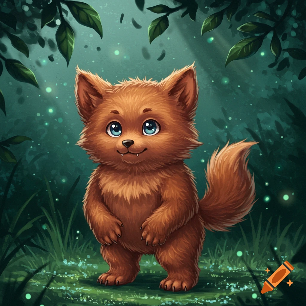 A cute, furry brown creature with big blue eyes smiles in a magical forest with glowing lights and green leaves.