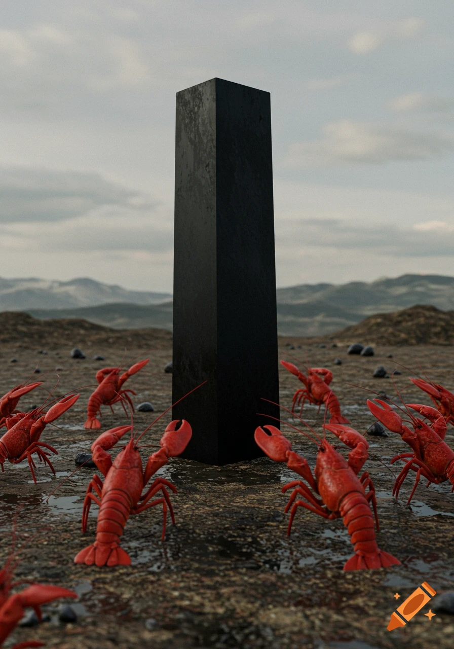 A black monolith stands in a desolate landscape under a cloudy sky, encircled by bright red lobsters.