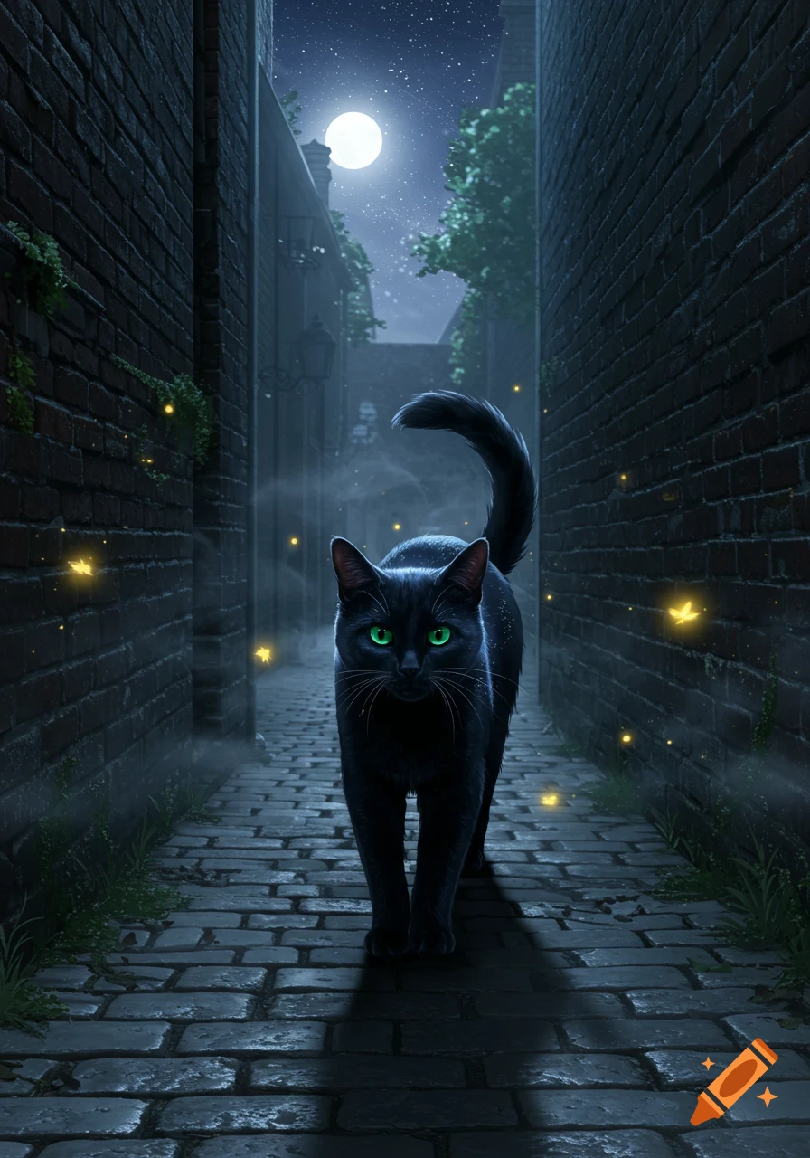 A black cat with luminous green eyes walks through a dark, misty cobblestone alley under a bright full moon, with glowing fireflies.