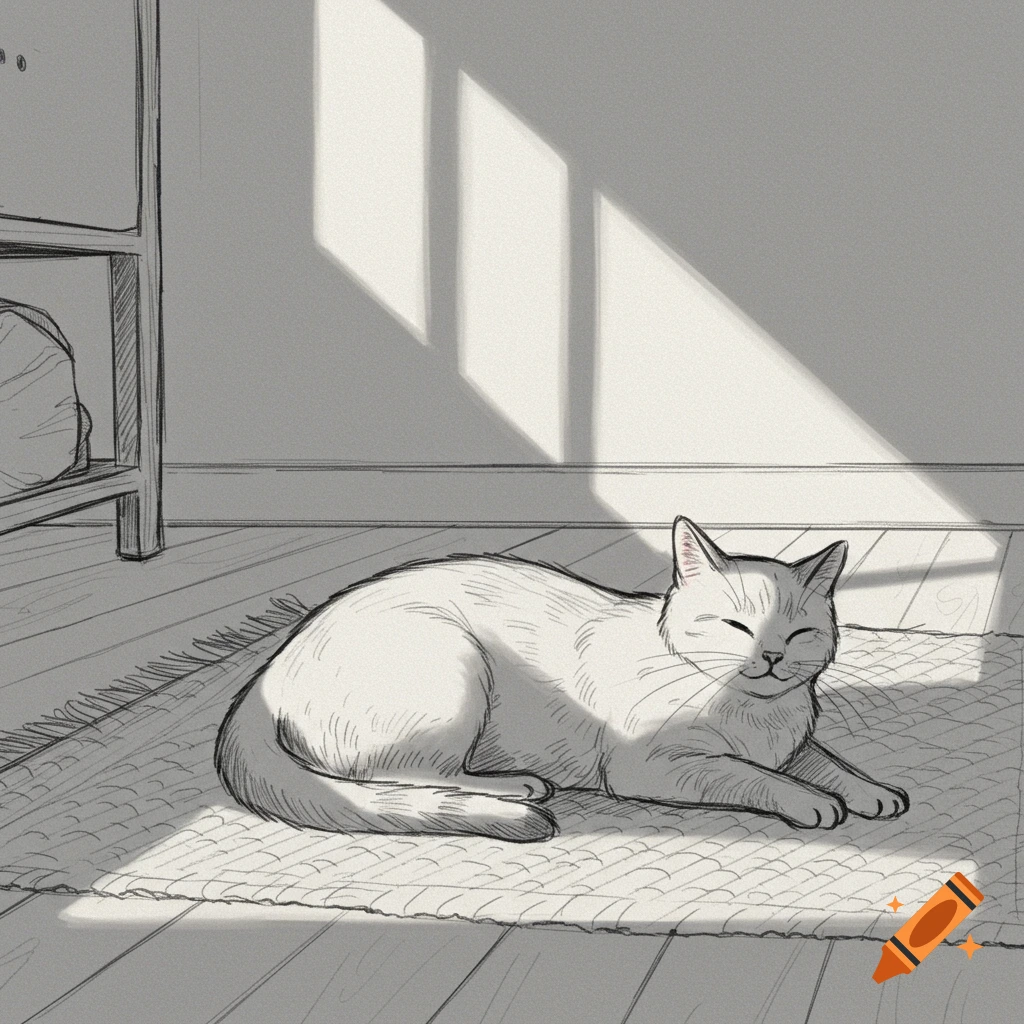 A white cat sleeps on a rug in a sunbeam on a wooden floor, drawn in a black and white sketch style.