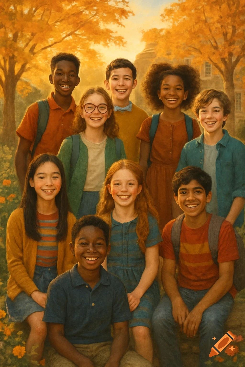 A diverse group of smiling school children pose for a painterly portrait in an autumnal outdoor setting with trees and buildings.