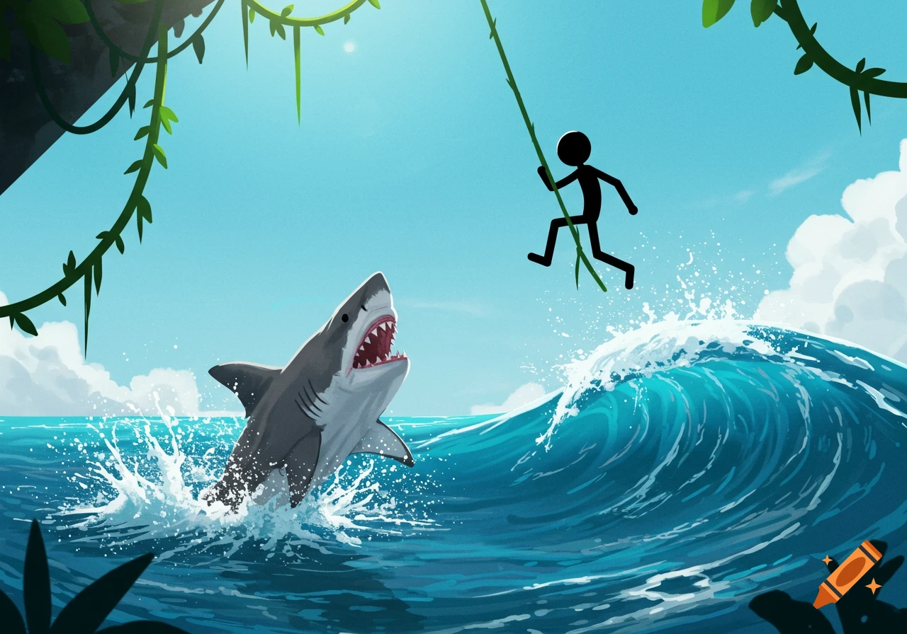 A black stick figure swings on a jungle vine over a blue ocean as a gray shark with an open mouth leaps out of the water towards him in a stylized illustration.