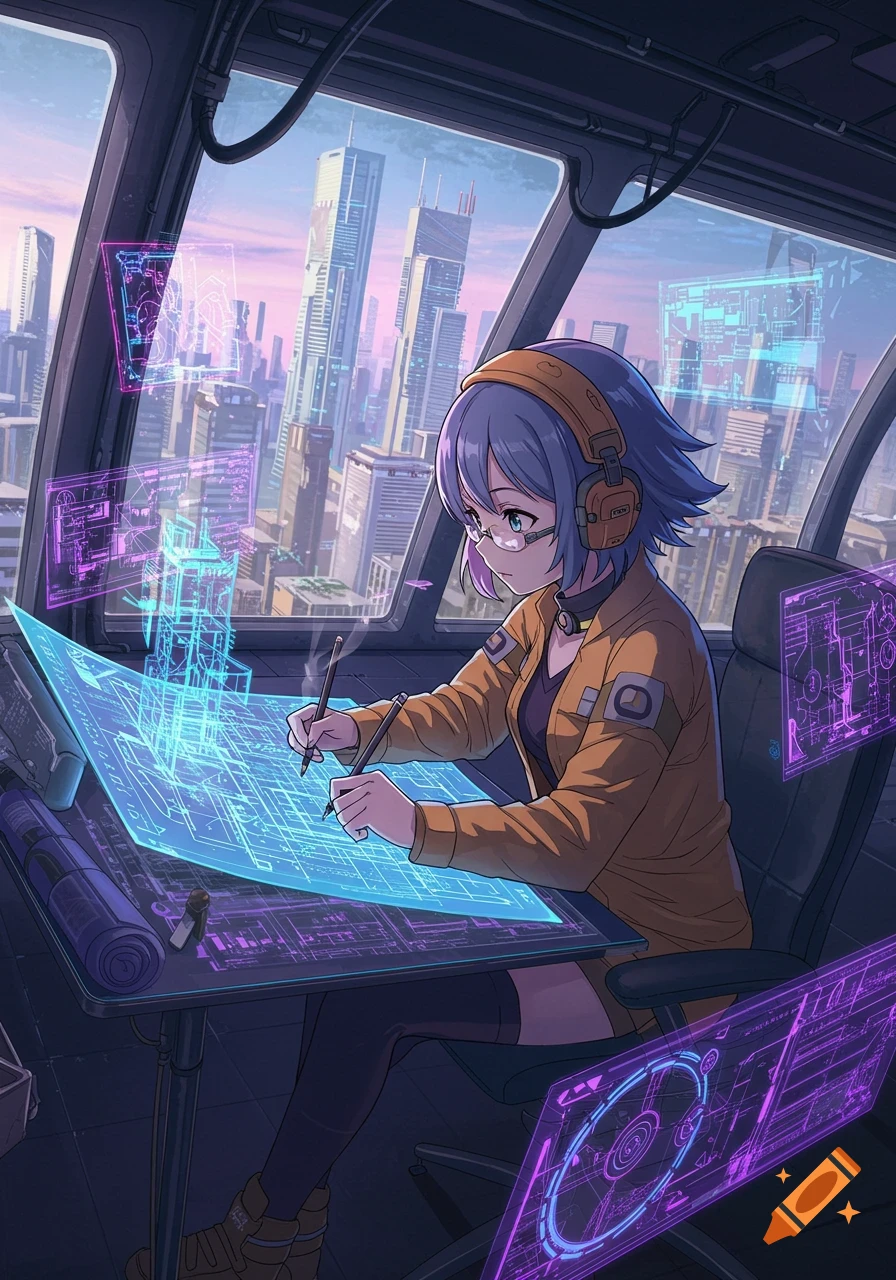 Anime girl with headphones and glasses drawing on a holographic blueprint table, with a futuristic city view.