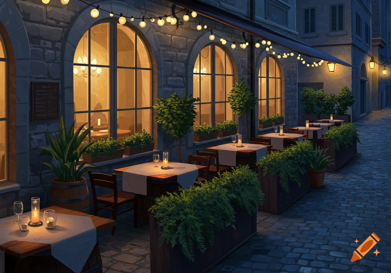 An outdoor evening restaurant with string lights, tables with candles on a cobbled street next to a stone building with arched windows.