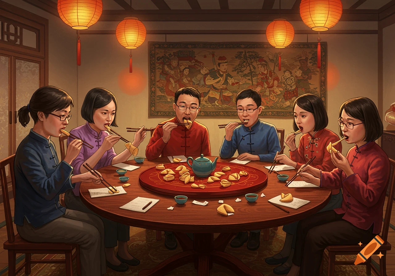 An illustration of six East Asian people in traditional clothing sitting around a table, eating fortune cookies with chopsticks.