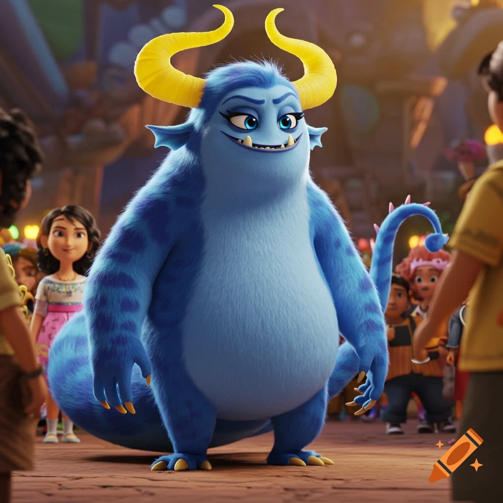 A large, furry blue female monster with yellow horns and sharp teeth smiles confidently in a brightly lit animated scene with people.