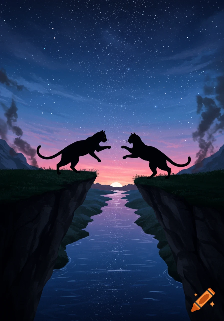 Two silhouetted black cats stand on opposite cliffs over a river at a starry twilight with a sunset horizon, appearing to fight.