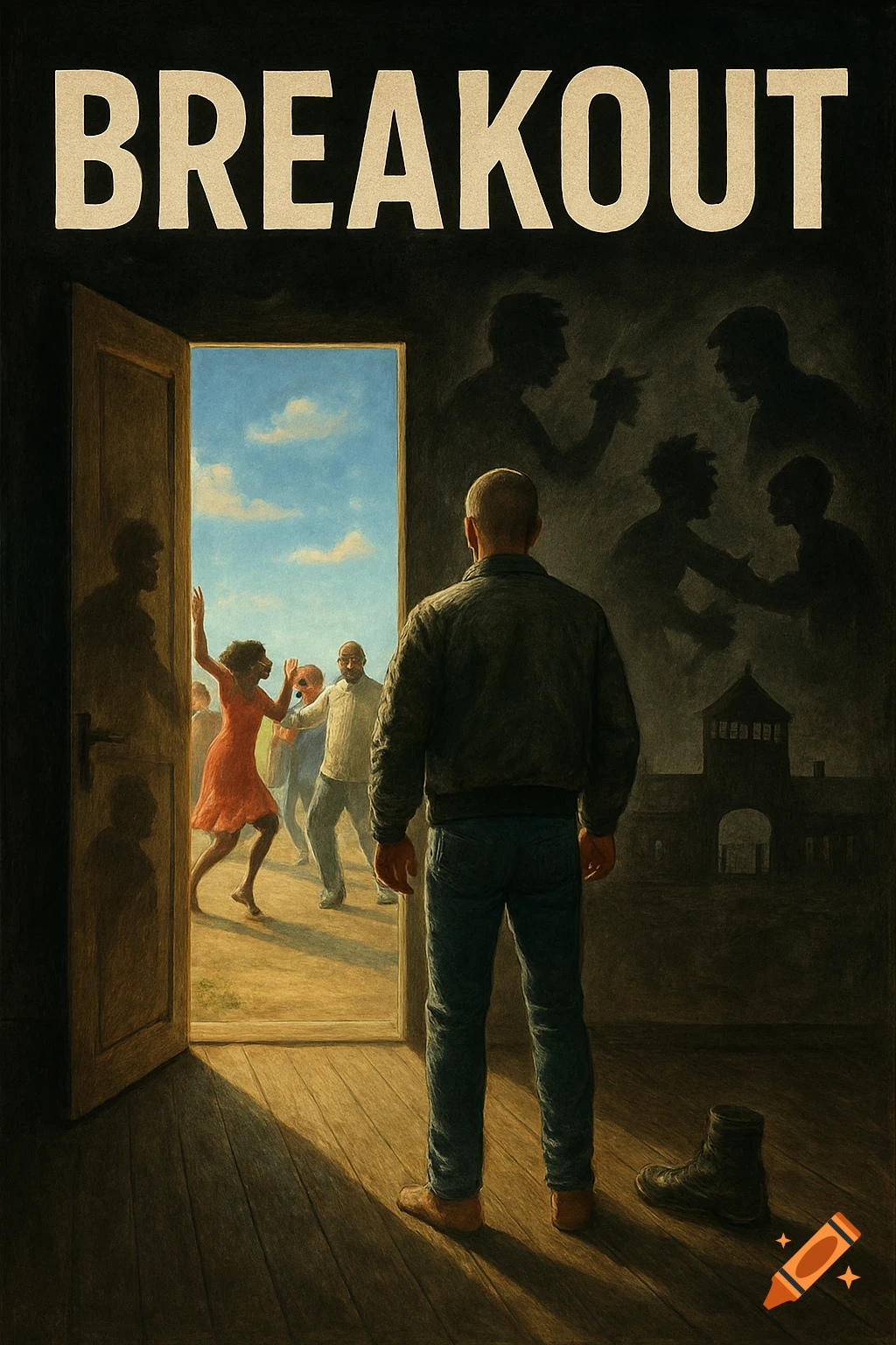 Digital painting of a man entering a bright world with diverse dancers, leaving shadows of a dark past; 'BREAKOUT' at top.