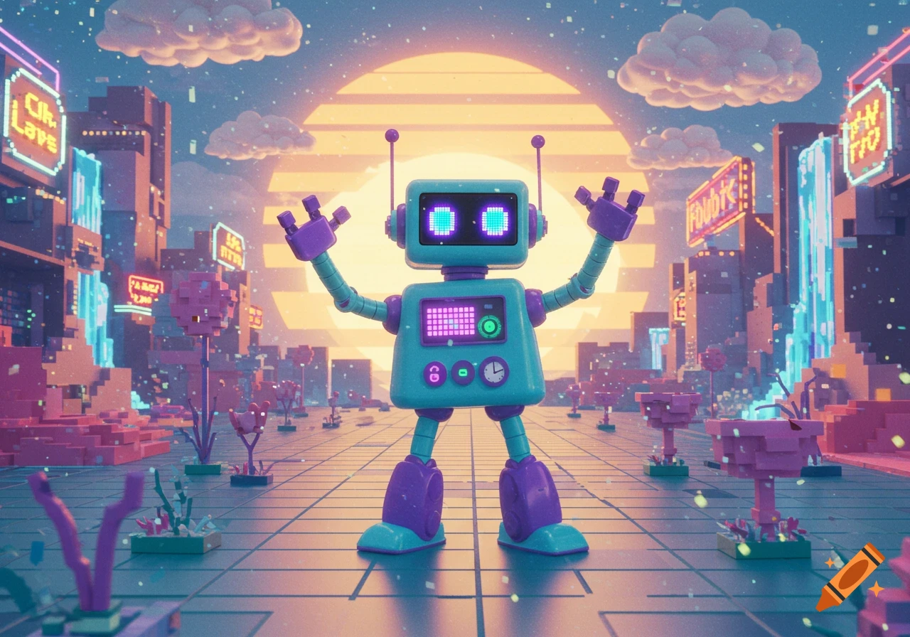 A teal and purple robot with pixelated eyes stands with arms raised in a vibrant, pixelated futuristic city at sunset.