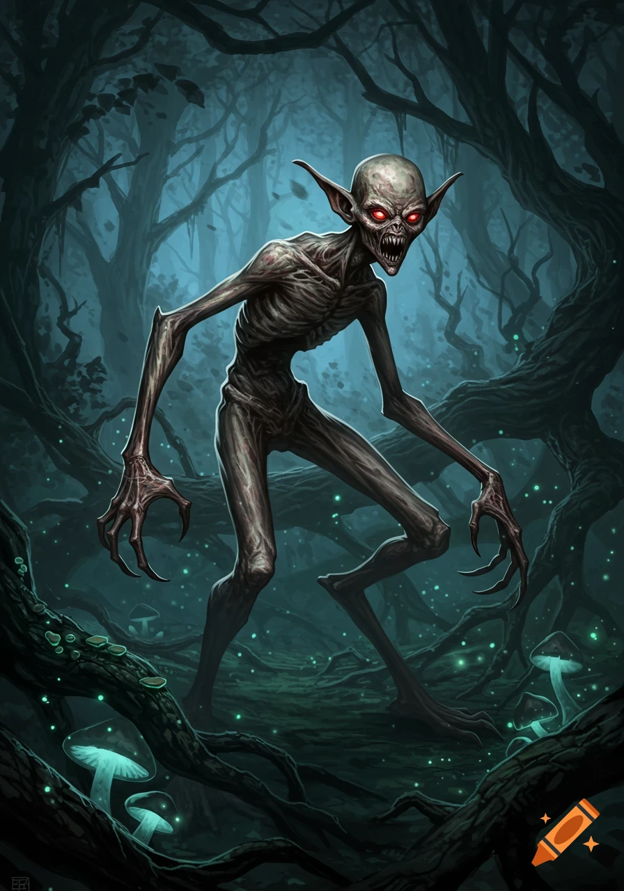 A skeletal, grotesque gremlin-like creature with glowing red eyes stands menacingly in a dark, mysterious forest with glowing mushrooms.