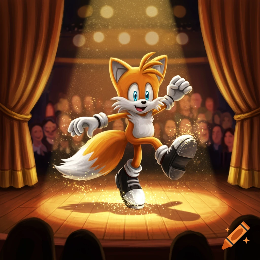 Tails from Sonic the Hedgehog tap dancing on a spotlighted stage with golden curtains and an audience.