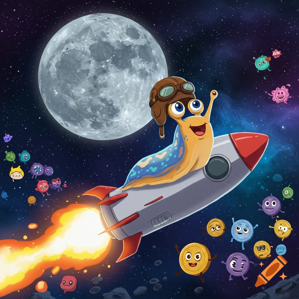 A cartoon slug wearing a pilot's helmet rides a rocket through space towards a large moon, surrounded by colorful floating mascots.