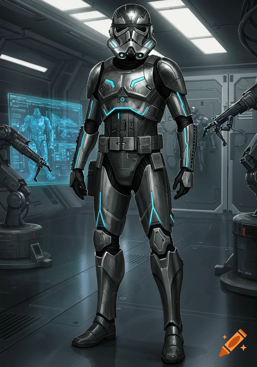 A futuristic metallic grey stormtrooper in armor with blue glowing accents stands in a sci-fi lab.