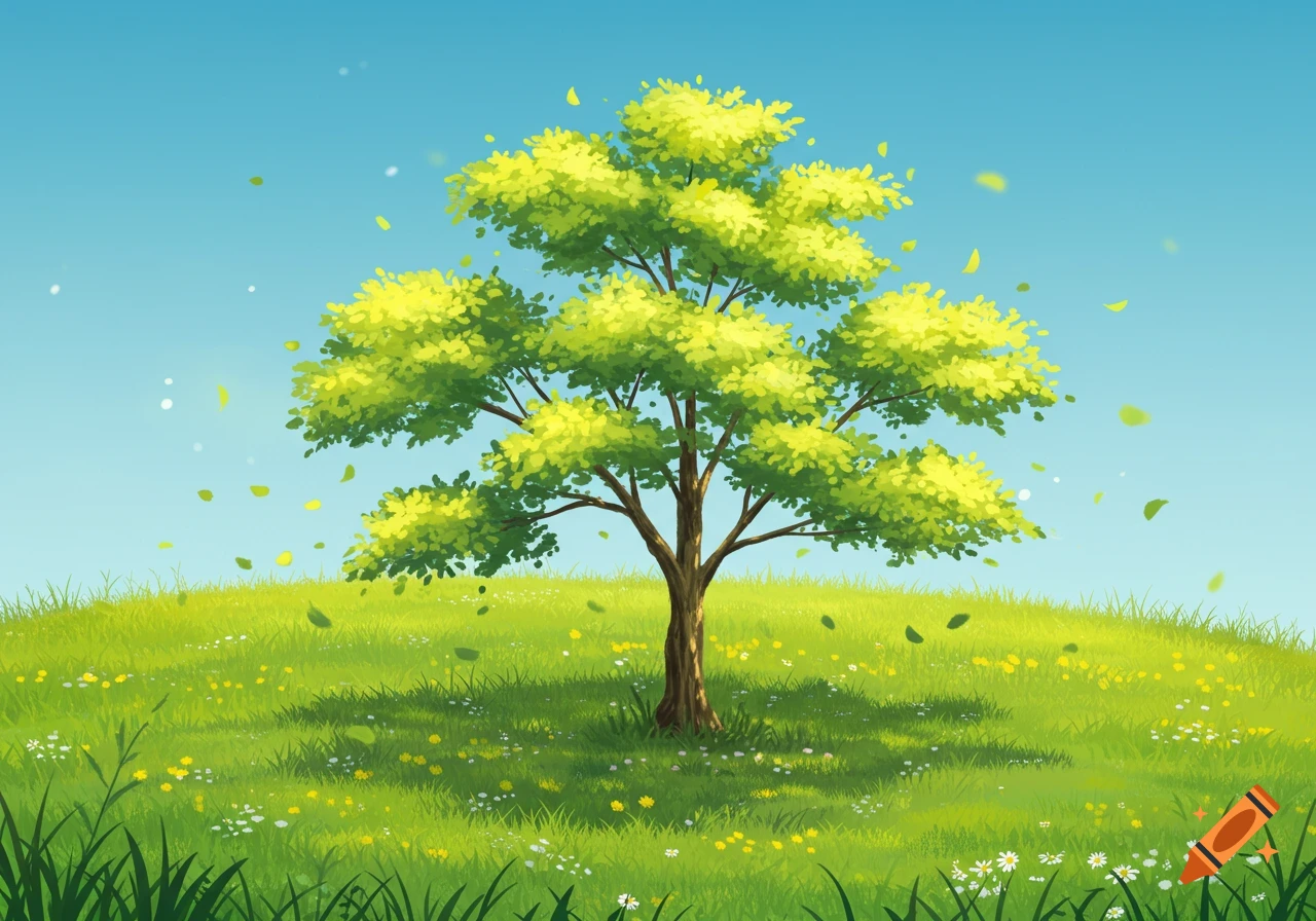An illustration of a vibrant green tree on a grassy hill with falling leaves and wildflowers under a clear blue sky.