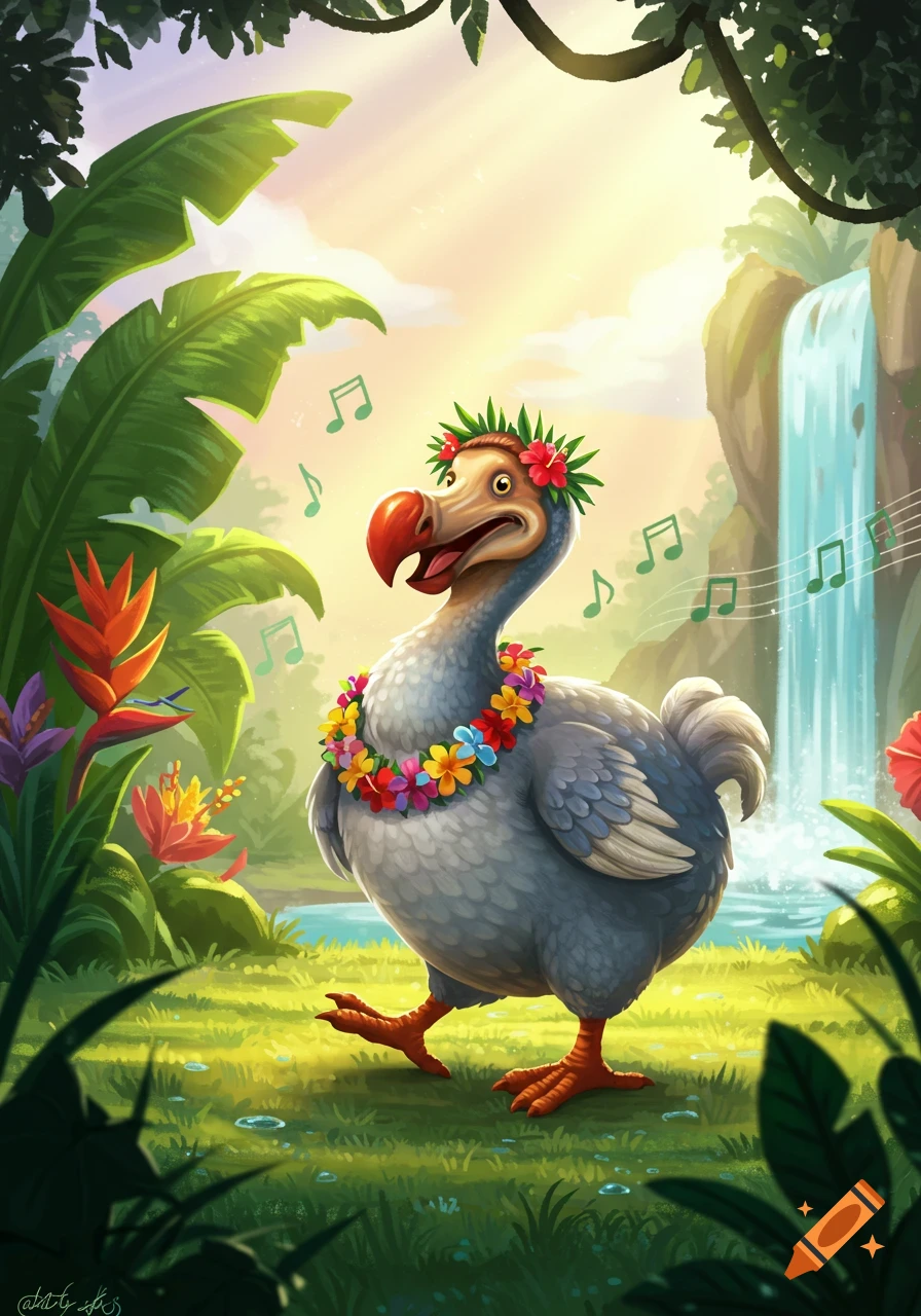 A cheerful cartoon dodo bird wears a flower lei and crown, with musical notes floating around it, in a lush tropical jungle with a waterfall.