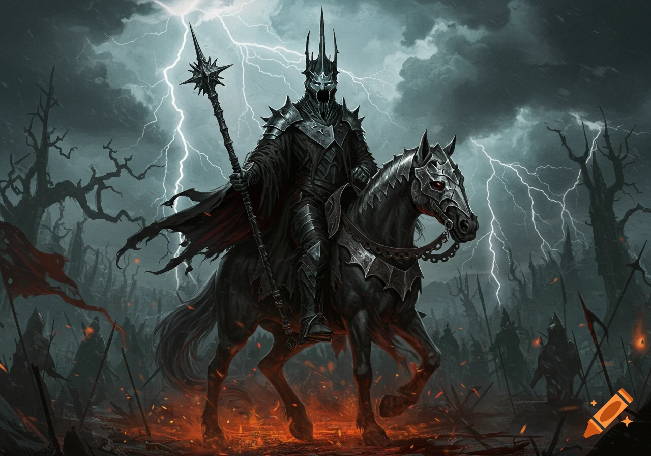 A dark armored warrior resembling the Witch-king rides a black armored horse through a stormy, fiery battlefield with lightning.