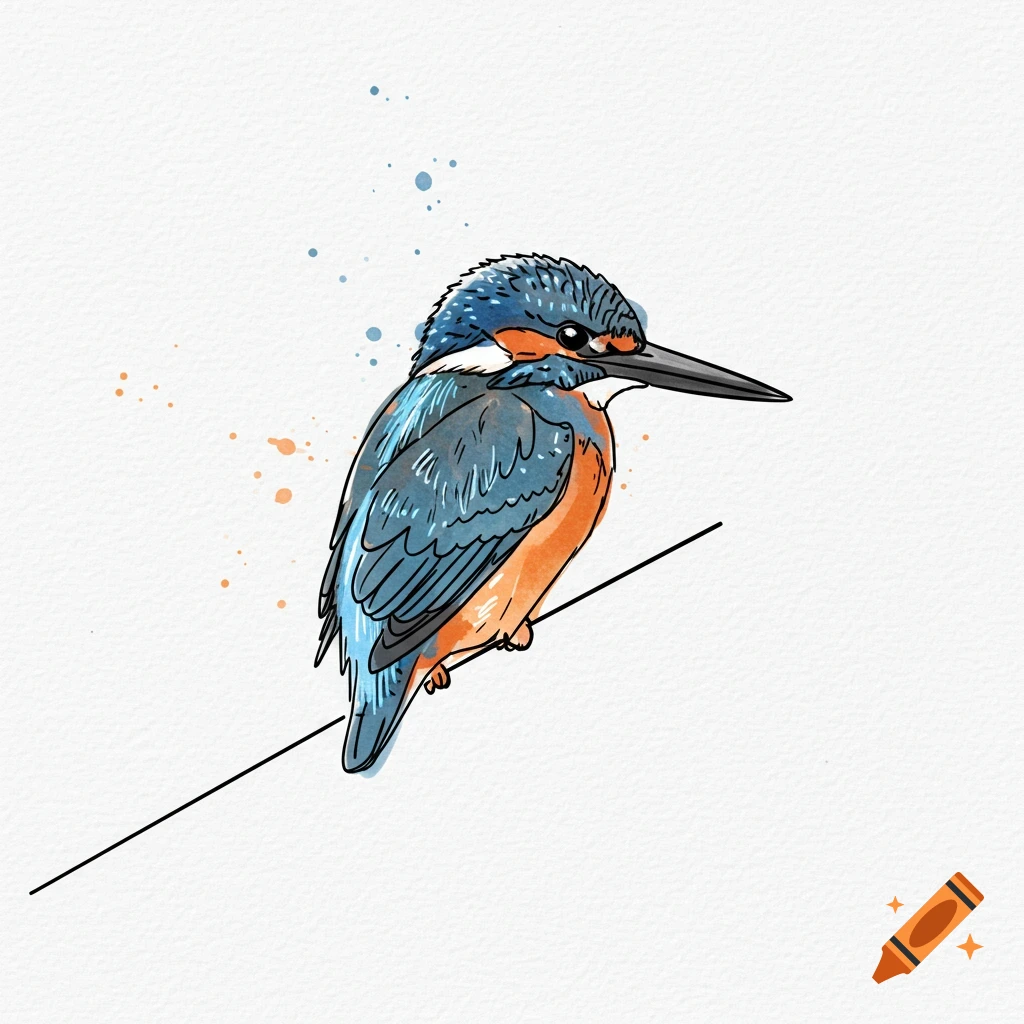 Watercolor illustration of a blue and orange kingfisher perched on a thin line, with paint splatters.