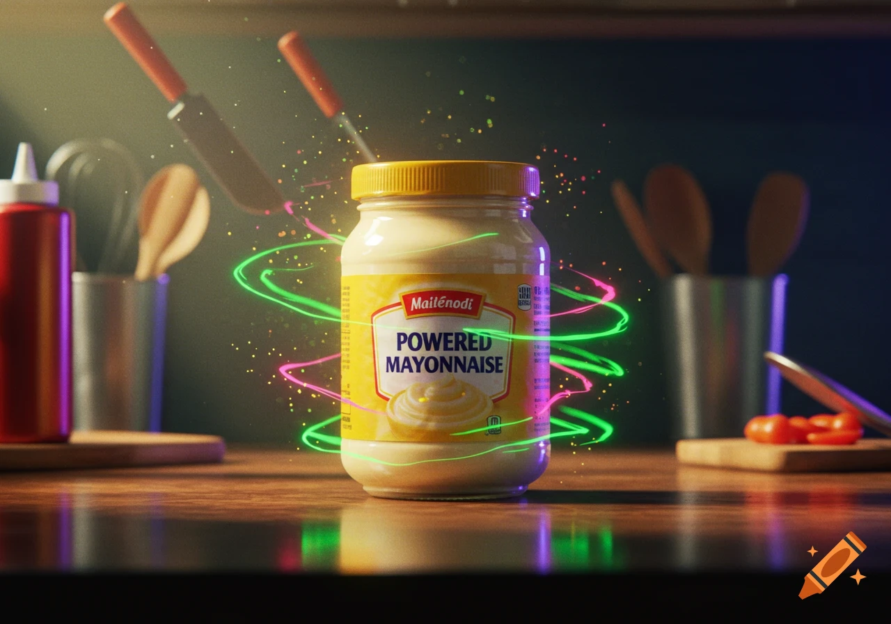A mayonnaise jar labeled 'Powered Mayonnaise' glows with green and pink energy swirls in a dark, moody kitchen setting.