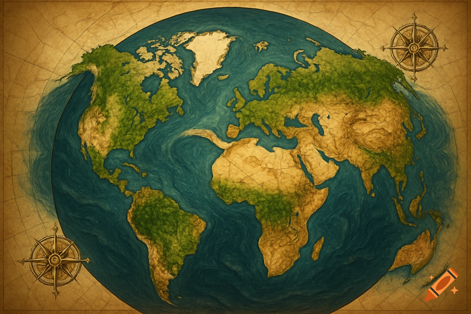 Stylized antique world map with green and tan continents on blue oceans, featuring compass roses on textured paper.