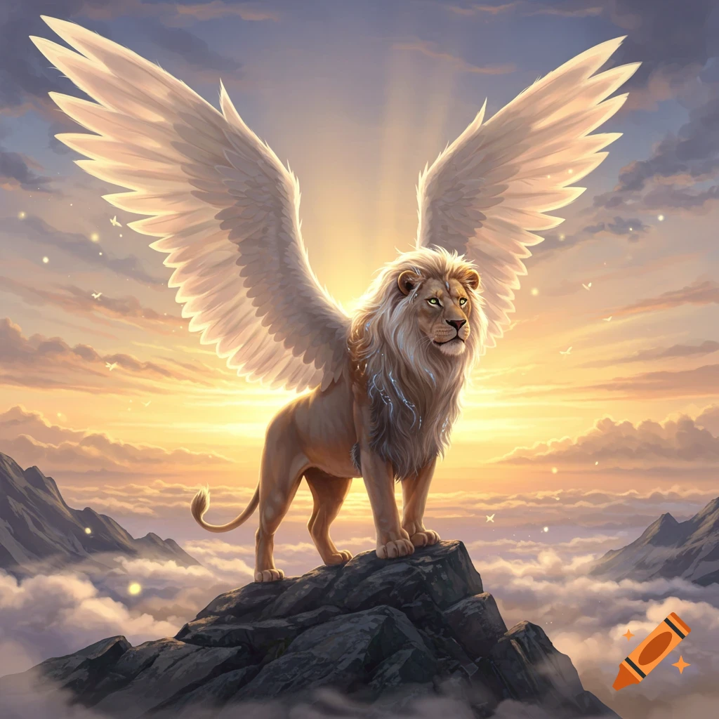 Majestic white-winged lion standing on a mountain peak at sunrise, surrounded by clouds.