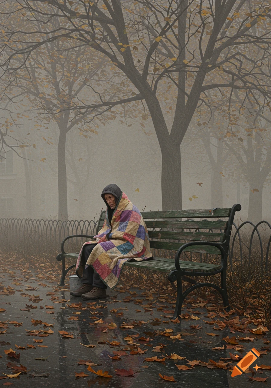 A somber person in a colorful quilt sits on a park bench on a foggy autumn day with wet fallen leaves.