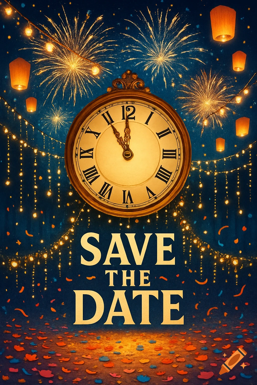 Festive poster with fireworks, floating lanterns, a clock showing almost midnight, and 'SAVE THE DATE' text, with confetti on the ground.
